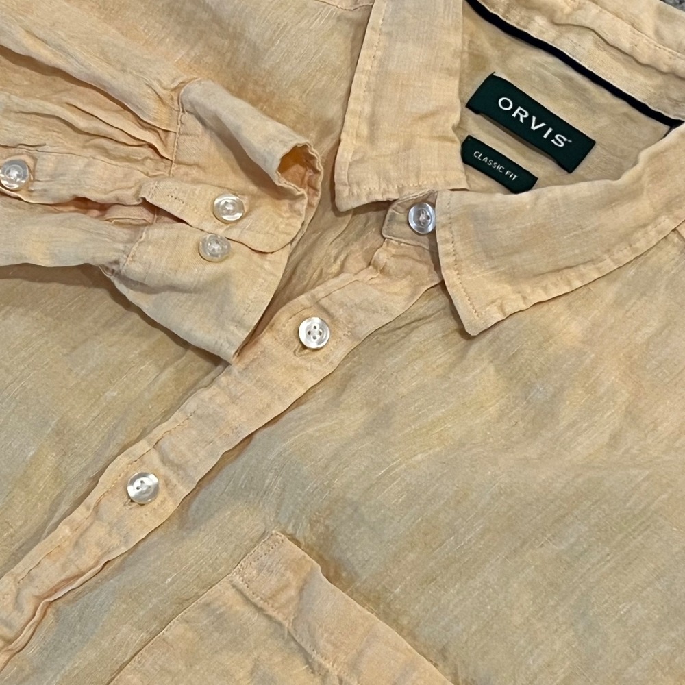 Orvis Shirt‎ Mens XL Yellow Linen L/S B/U Coastal Beach Summer